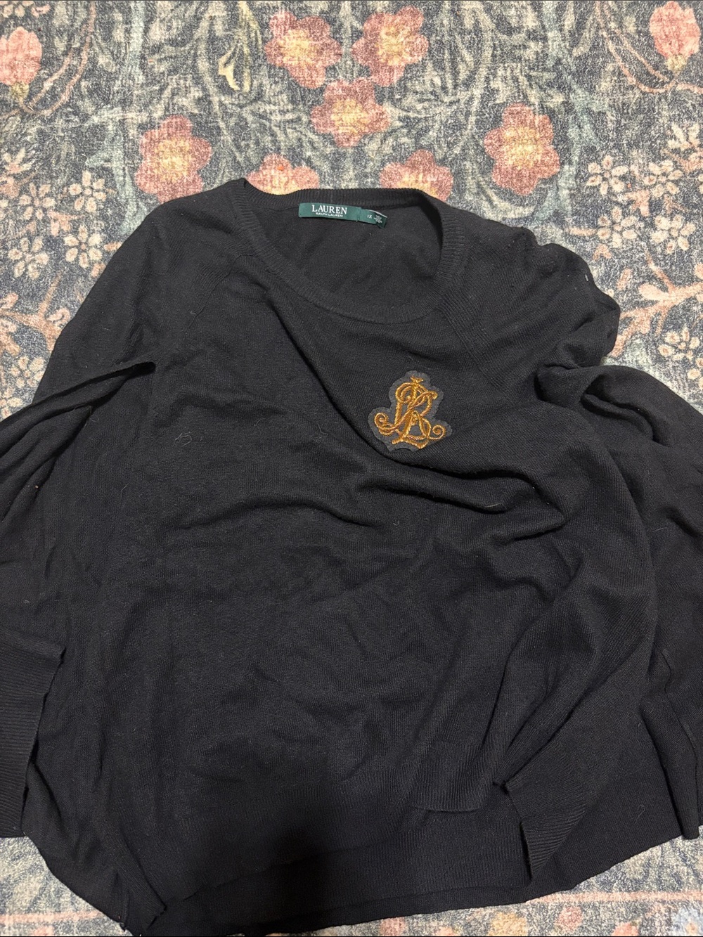 Lauren Ralph Lauren Black Crewneck Sweater with Gold Monogram Accent